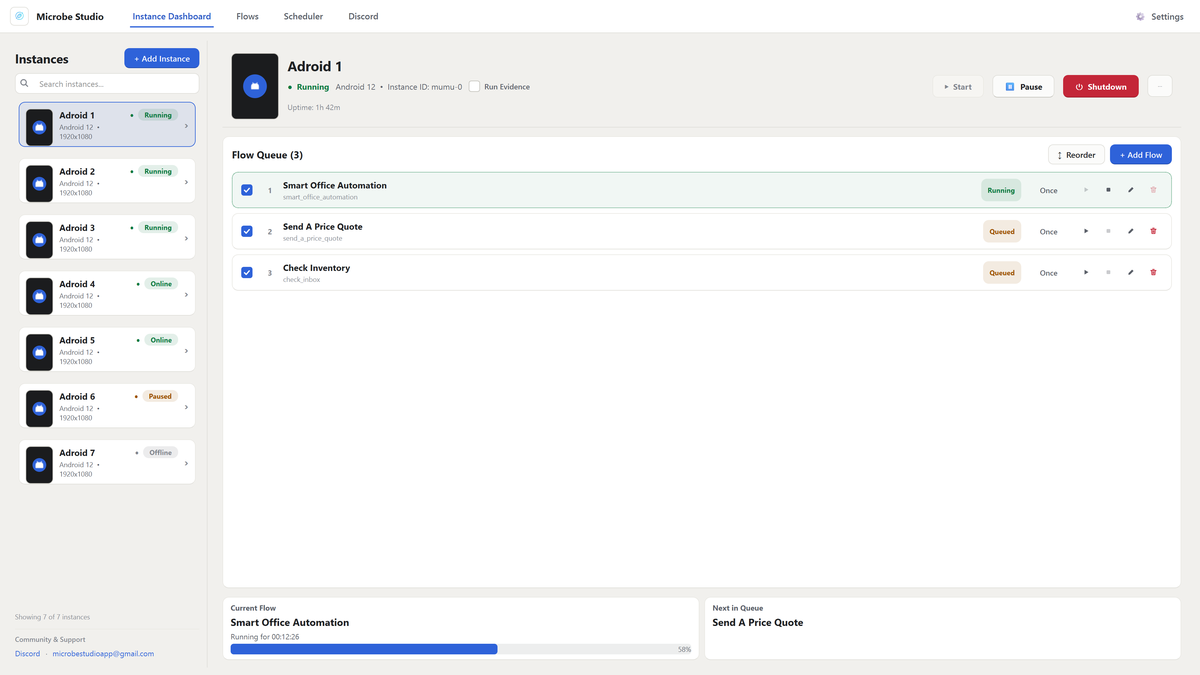 Microbe Studio desktop app — instance dashboard running on Windows